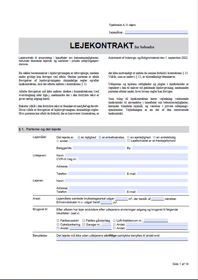 Ny Lejekontraktsformular For Beboelse – Typeformular A, 10. Udgave ...